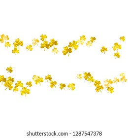 St patricks day background with shamrock. Lucky trefoil confetti. Glitter frame of clover leaves. Template for special business offer, banner, flyer. Holiday st patricks day backdrop.
