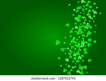 St patricks day background with shamrock. Lucky trefoil confetti. Glitter frame of clover leaves. Template for party invite, retail offer and ad. Irish st patricks day backdrop