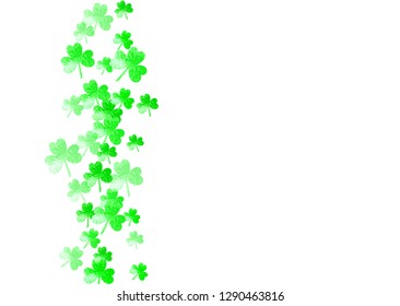 St patricks day background with shamrock. Lucky trefoil confetti. Glitter frame of clover leaves. Template for flyer, special business offer, promo. Festal st patricks day backdrop