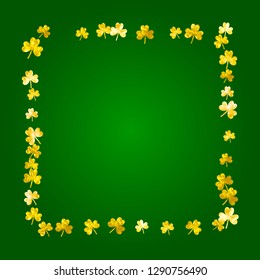 St patricks day background with shamrock. Lucky trefoil confetti. Glitter frame of clover leaves. Template for flyer, special business offer, promo. Holiday st patricks day backdrop.