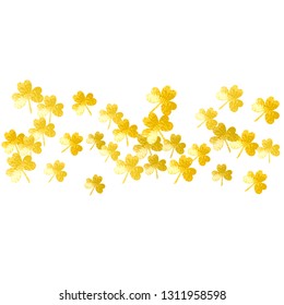 St patricks day background with shamrock. Lucky trefoil confetti. Glitter frame of clover leaves. Template for party invite, retail offer and ad. Decorative st patricks day backdrop.