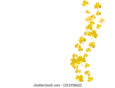 St patricks day background with shamrock. Lucky trefoil confetti. Glitter frame of clover leaves. Template for special business offer, banner, flyer. Irish st patricks day backdrop