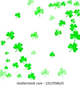 St patricks day background with shamrock. Lucky trefoil confetti. Glitter frame of clover leaves. Template for voucher, special business ad, banner. Festive st patricks day backdrop.