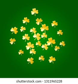 St patricks day background with shamrock. Lucky trefoil confetti. Glitter frame of clover leaves. Template for gift coupons, vouchers, ads, events. Irish st patricks day backdrop.