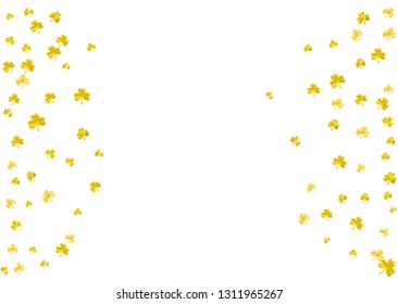 St patricks day background with shamrock. Lucky trefoil confetti. Glitter frame of clover leaves. Template for gift coupons, vouchers, ads, events. Festive st patricks day backdrop