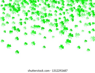 St patricks day background with shamrock. Lucky trefoil confetti. Glitter frame of clover leaves. Template for special business offer, banner, flyer. Holiday st patricks day backdrop