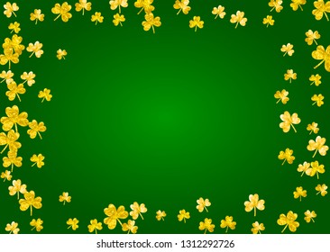 St patricks day background with shamrock. Lucky trefoil confetti. Glitter frame of clover leaves. Template for flyer, special business offer, promo. Irish st patricks day backdrop