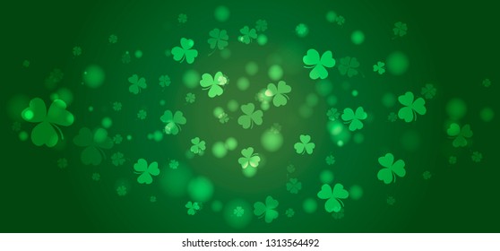 St. Patricks day background with shamrock. Lucky trefoil confetti.  Shining clover shamrock leaves on dark green background. Template for poster, gift certificate, greeting cards design, banner