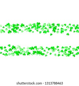 St patricks day background with shamrock. Lucky trefoil confetti. Glitter frame of clover leaves. Template for flyer, special business offer, promo. Dublin st patricks day backdrop.