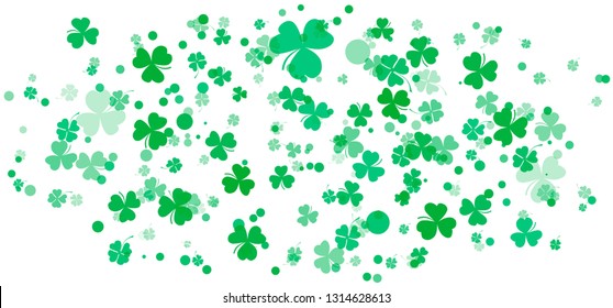St. Patricks day background with shamrock. Lucky trefoil confetti.  Shining clover shamrock leaves on white background. Template for poster, gift certificate, greeting cards design, banner