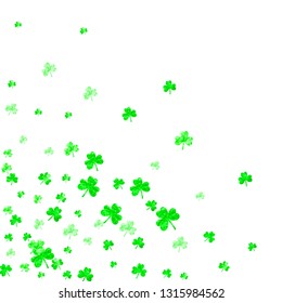St patricks day background with shamrock. Lucky trefoil confetti. Glitter frame of clover leaves. Template for voucher, special business ad, banner. Decorative st patricks day backdrop.