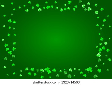 St patricks day background with shamrock. Lucky trefoil confetti. Glitter frame of clover leaves. Template for special business offer, banner, flyer. Dublin st patricks day backdrop