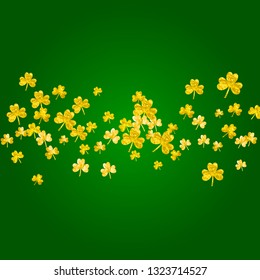 St patricks day background with shamrock. Lucky trefoil confetti. Glitter frame of clover leaves. Template for gift coupons, vouchers, ads, events. Irish st patricks day backdrop.