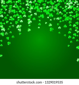 St patricks day background with shamrock. Lucky trefoil confetti. Glitter frame of clover leaves. Template for gift coupons, vouchers, ads, events. Festive st patricks day backdrop.