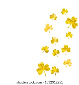 St patricks day background with shamrock. Lucky trefoil confetti. Glitter frame of clover leaves. Template for gift coupons, vouchers, ads, events. Greeting st patricks day backdrop.