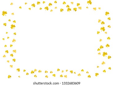 St patricks day background with shamrock. Lucky trefoil confetti. Glitter frame of clover leaves. Template for poster, gift certificate, banner. Irish st patricks day backdrop