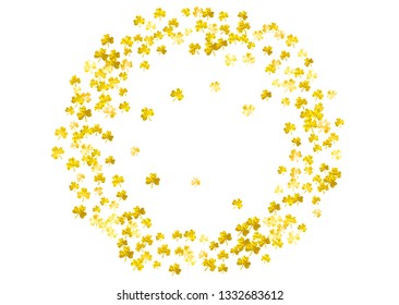 St patricks day background with shamrock. Lucky trefoil confetti. Glitter frame of clover leaves. Template for special business offer, banner, flyer. Festive st patricks day backdrop