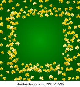 St patricks day background with shamrock. Lucky trefoil confetti. Glitter frame of clover leaves. Template for voucher, special business ad, banner. Happy st patricks day backdrop.