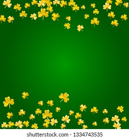 St patricks day background with shamrock. Lucky trefoil confetti. Glitter frame of clover leaves. Template for flyer, special business offer, promo. Merry st patricks day backdrop.