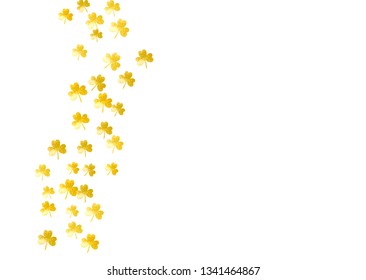 St patricks day background with shamrock. Lucky trefoil confetti. Glitter frame of clover leaves. Template for flyer, special business offer, promo. Decorative st patricks day backdrop