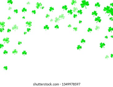 St patricks day background with shamrock. Lucky trefoil confetti. Glitter frame of clover leaves. Template for gift coupons, vouchers, ads, events. Greeting st patricks day backdrop