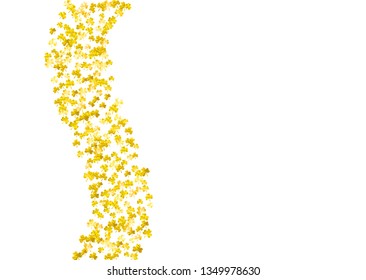 St patricks day background with shamrock. Lucky trefoil confetti. Glitter frame of clover leaves. Template for gift coupons, vouchers, ads, events. Festal st patricks day backdrop