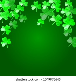 St patricks day background with shamrock. Lucky trefoil confetti. Glitter frame of clover leaves. Template for special business offer, banner, flyer. Irish st patricks day backdrop.