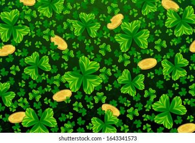 St. Patrick's Day background. Shamrock and coins with lucky clovers on dark green background for greeting holiday design. Vector illustration. 