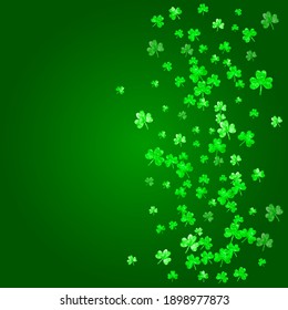 St patricks day background with shamrock. Lucky trefoil confetti. Glitter frame of clover leaves. Template for party invite, retail offer and ad. Happy st patricks day backdrop.