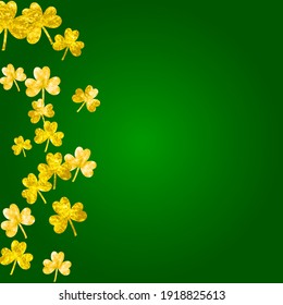 St patricks day background with shamrock. Lucky trefoil confetti. Glitter frame of clover leaves. Template for flyer, special business offer, promo. Dublin st patricks day backdrop.