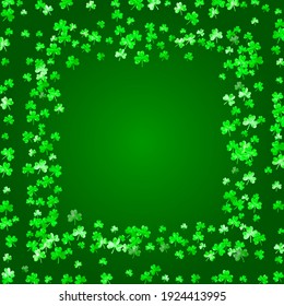 St patricks day background with shamrock. Lucky trefoil confetti. Glitter frame of clover leaves. Template for voucher, special business ad, banner. Dublin st patricks day backdrop.