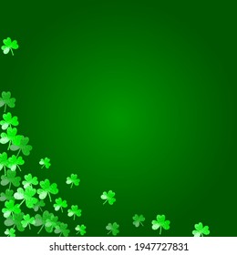 St patricks day background with shamrock. Lucky trefoil confetti. Glitter frame of clover leaves. Template for flyer, special business offer, promo. Festal st patricks day backdrop.