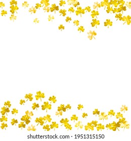 St patricks day background with shamrock. Lucky trefoil confetti. Glitter frame of clover leaves. Template for party invite, retail offer and ad. Dublin st patricks day backdrop.