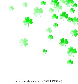 St patricks day background with shamrock. Lucky trefoil confetti. Glitter frame of clover leaves. Template for flyer, special business offer, promo. Festive st patricks day backdrop.