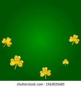 St patricks day background with shamrock. Lucky trefoil confetti. Glitter frame of clover leaves. Template for poster, gift certificate, banner. Irish st patricks day backdrop.