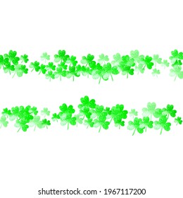 St patricks day background with shamrock. Lucky trefoil confetti. Glitter frame of clover leaves. Template for poster, gift certificate, banner. Decorative st patricks day backdrop.