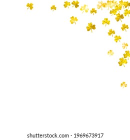 St patricks day background with shamrock. Lucky trefoil confetti. Glitter frame of clover leaves. Template for special business offer, banner, flyer. Decorative st patricks day backdrop.