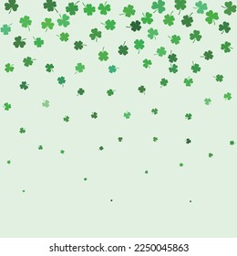 St Patricks day background with shamrock. Lucky trefoil confetti. Glitter frame of clover leaves. Template for party invite, retail offer and ad. Holiday st patricks day backdrop