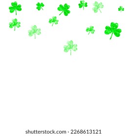 St patricks day background with shamrock. Lucky trefoil confetti. Glitter frame of clover leaves. Template for gift coupons, vouchers, ads, events. Happy st patricks day backdrop.