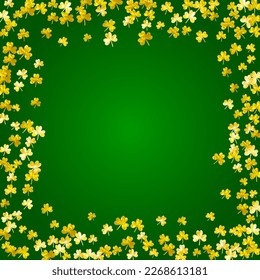St patricks day background with shamrock. Lucky trefoil confetti. Glitter frame of clover leaves. Template for special business offer, banner, flyer. Irish st patricks day backdrop.