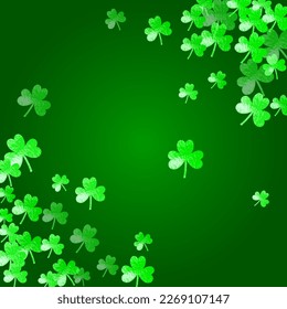 St patricks day background with shamrock. Lucky trefoil confetti. Glitter frame of clover leaves. Template for poster, gift certificate, banner. Greeting st patricks day backdrop.