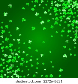 St patricks day background with shamrock. Lucky trefoil confetti. Glitter frame of clover leaves. Template for poster, gift certificate, banner. Decorative st patricks day backdrop.
