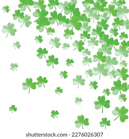 St patricks day background with shamrock. Lucky trefoil confetti. Glitter frame of clover leaves. Template for flyer, special business offer, promo. Decorative st patricks day backdrop.