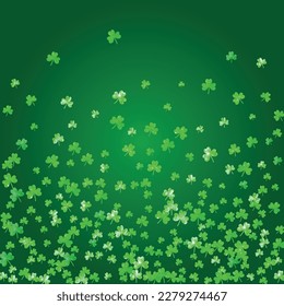 St patricks day background with shamrock. Lucky trefoil confetti. Glitter frame of clover leaves. Template for party invite, retail offer and ad. Festal st patricks day backdrop.