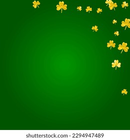 St patricks day background with shamrock. Lucky trefoil confetti. Glitter frame of clover leaves. Template for voucher, special business ad, banner. Greeting st patricks day backdrop.