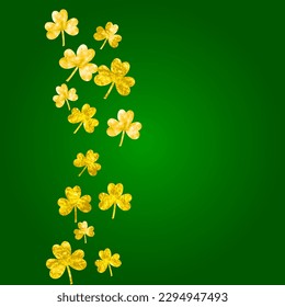 St patricks day background with shamrock. Lucky trefoil confetti. Glitter frame of clover leaves. Template for flyer, special business offer, promo. Holiday st patricks day backdrop.