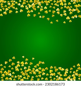 St patricks day background with shamrock. Lucky trefoil confetti. Glitter frame of clover leaves. Template for gift coupons, vouchers, ads, events. Celtic st patricks day backdrop.