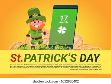 St. Patricks Day Background Template Leprechaun Man Over Green Smart Phone Flat Vector Illustration