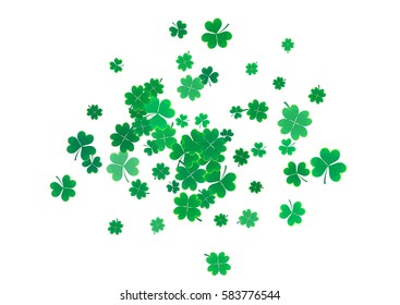 St. Patrick's Day background template with falling clover leaves isolated on a white background. Vector illustration.