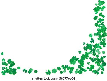 St. Patrick's Day background template with falling clover leaves isolated on a white background. Vector illustration.